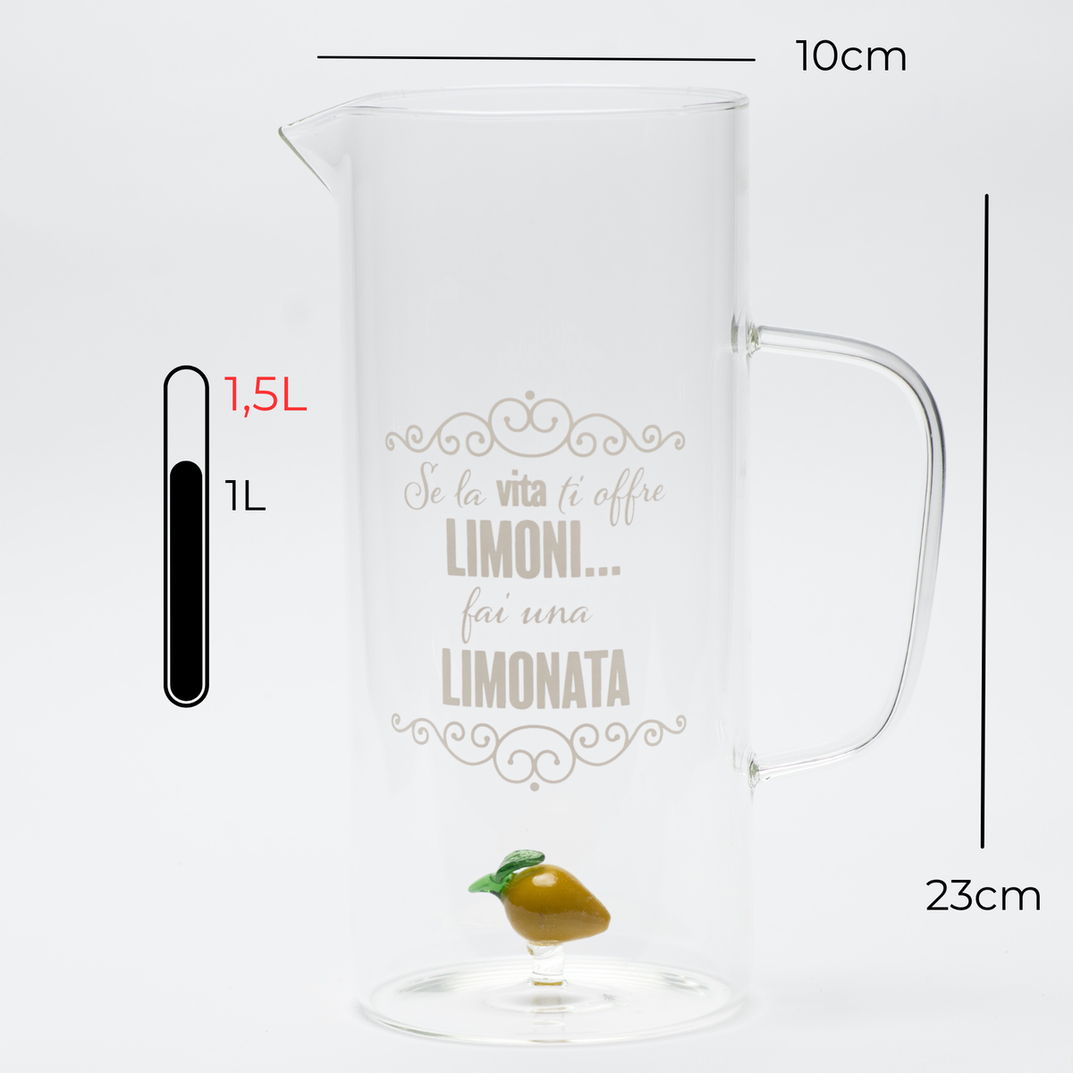 Caraffa Limòra in vetro con manico, miniatura all'interno a forma di limone e frase divertente