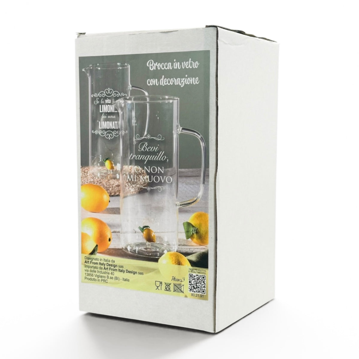 Caraffa Limòra in vetro con manico, miniatura all'interno a forma di limone e frase divertente