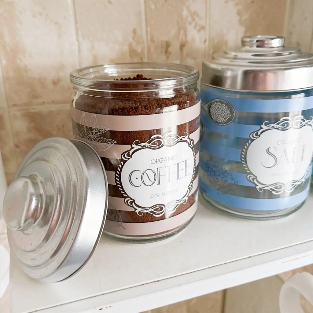 Set of 3 Airtight Glass Jars with Vintage Labels – Salt, Sugar, Coffee