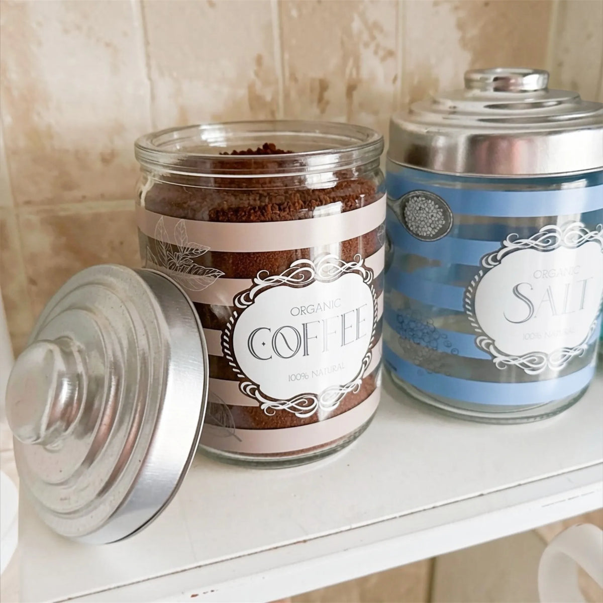 Set 3 Barattoli Ermetici in Vetro con Etichette Vintage – Sale, Zucchero, Caffè