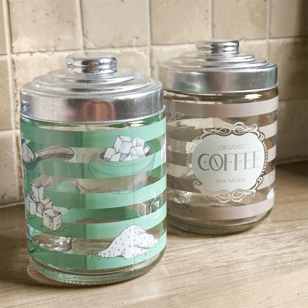 Set of 3 Airtight Glass Jars with Vintage Labels – Salt, Sugar, Coffee