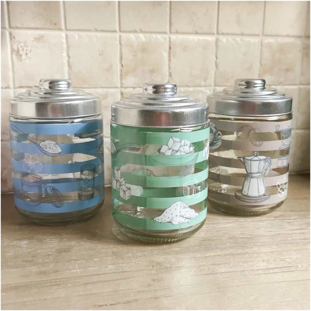 Set of 3 Airtight Glass Jars with Vintage Labels – Salt, Sugar, Coffee