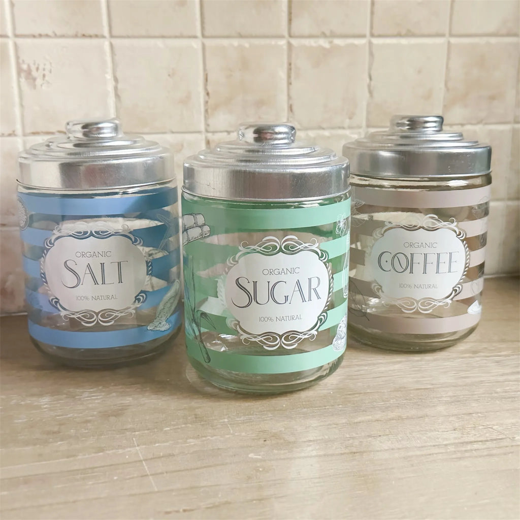 Set of 3 Airtight Glass Jars with Vintage Labels – Salt, Sugar, Coffee