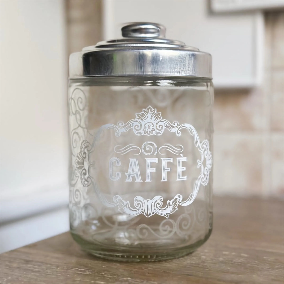 Set 3 Barattoli Ermetici in Vetro Trasparente con Scritte Vintage – Sale, Zucchero, Caffè