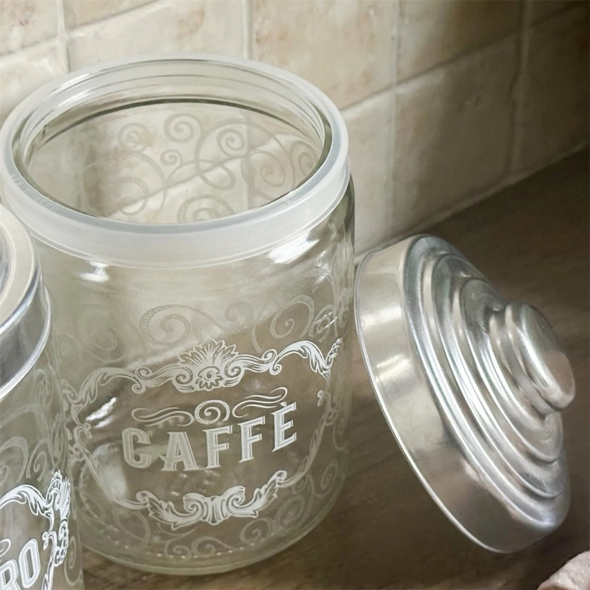 Set of 3 Airtight Transparent Glass Jars with Vintage Lettering – Salt, Sugar, Coffee