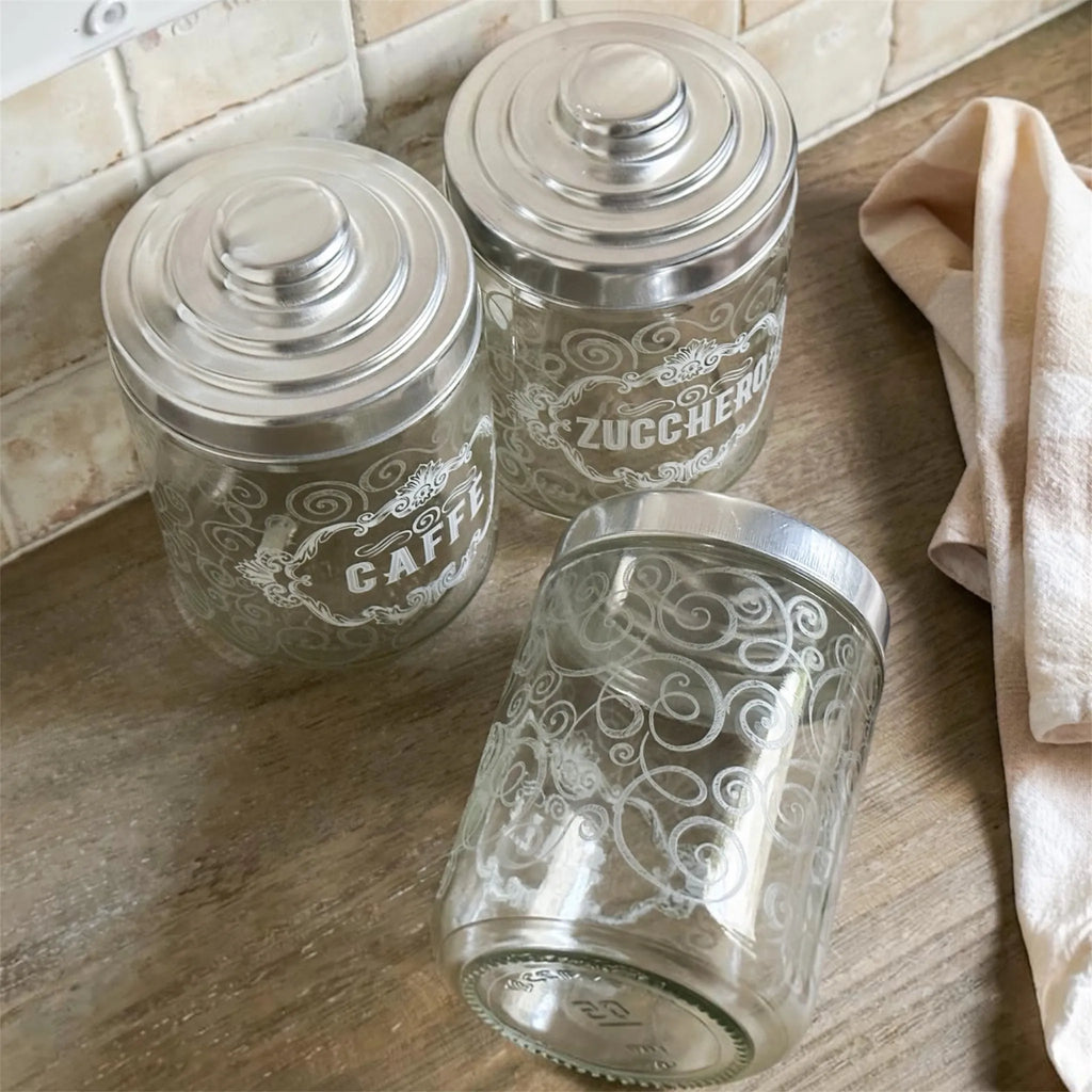 Set of 3 Airtight Transparent Glass Jars with Vintage Lettering – Salt, Sugar, Coffee