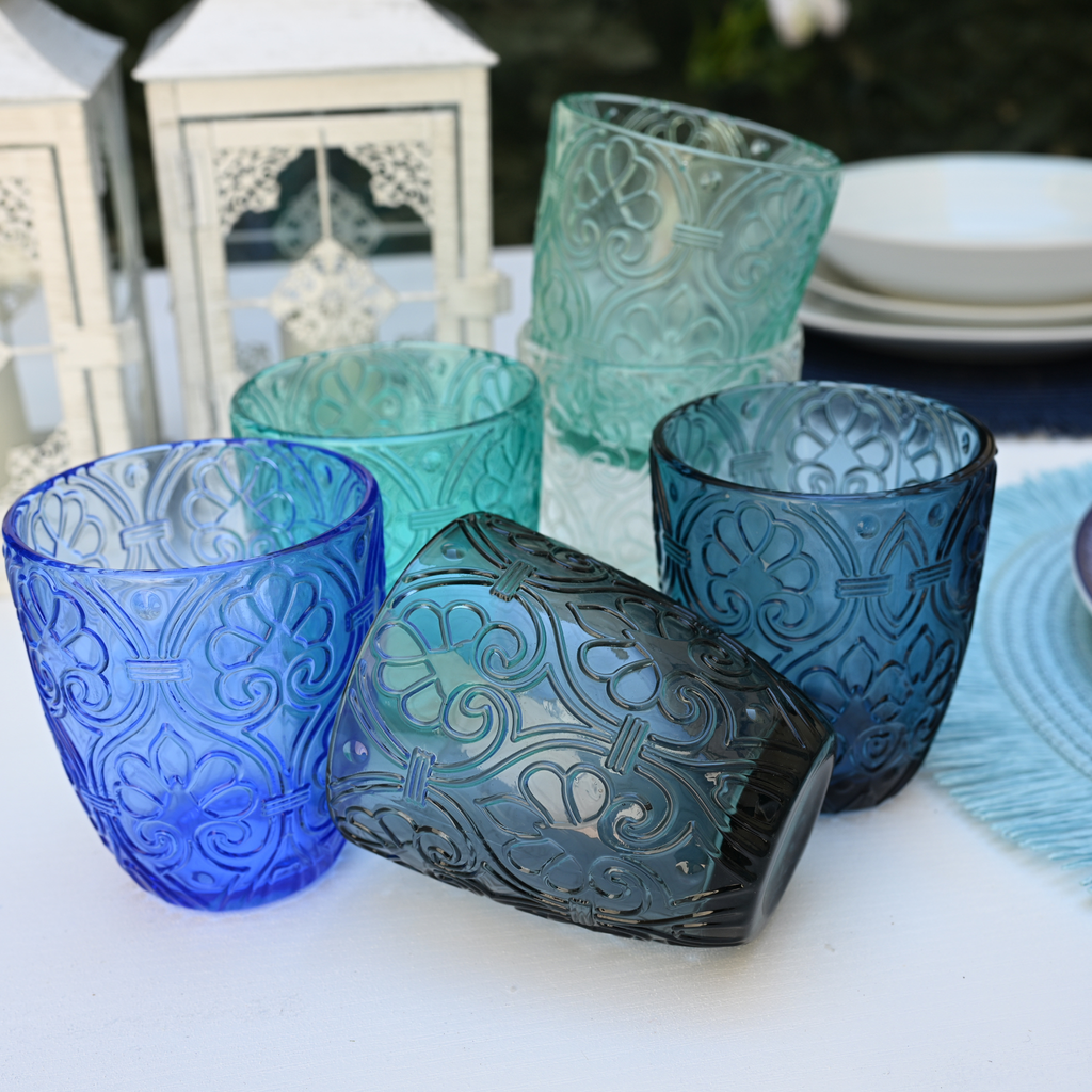 Set 6 Bicchieri Granada – Vetro Colorato dai toni marini con decoro stile mediterraneo