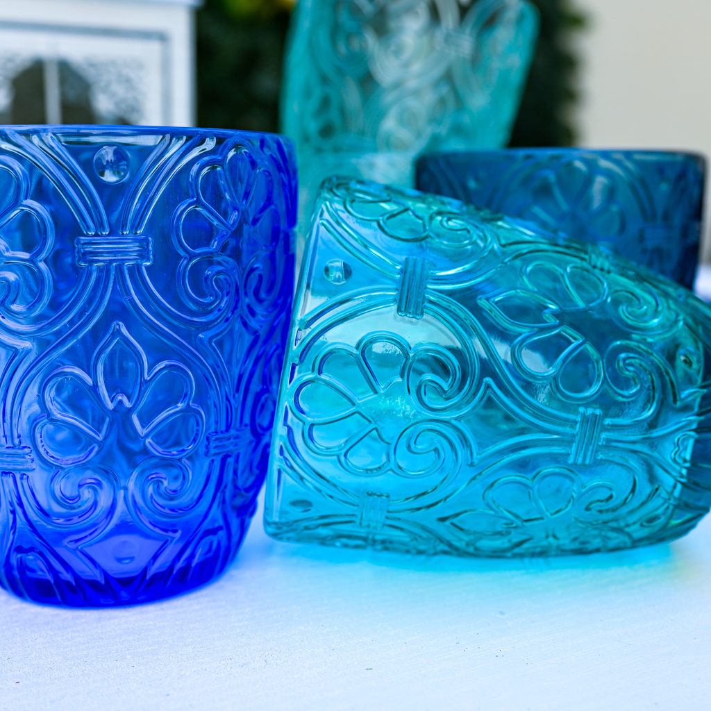 Set 6 Bicchieri Granada – Vetro Colorato dai toni marini con decoro stile mediterraneo