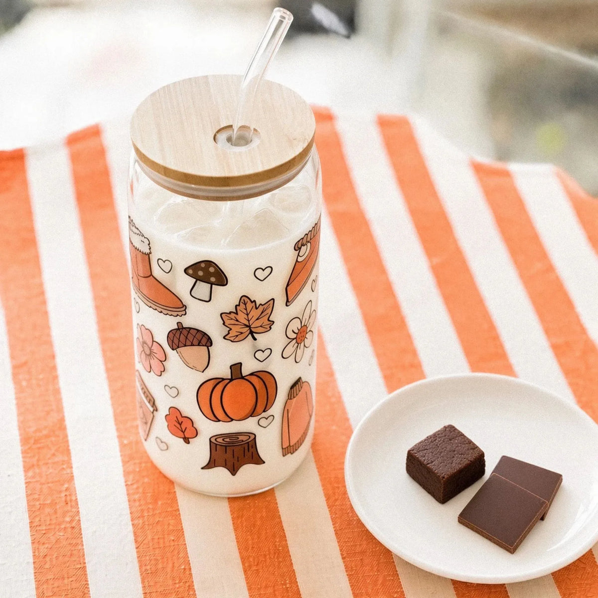 Bicchiere Sundae Autunno – Vetro Borosilicato Decori Autunnali Marrone e Arancio con Tappo e Cannuccia