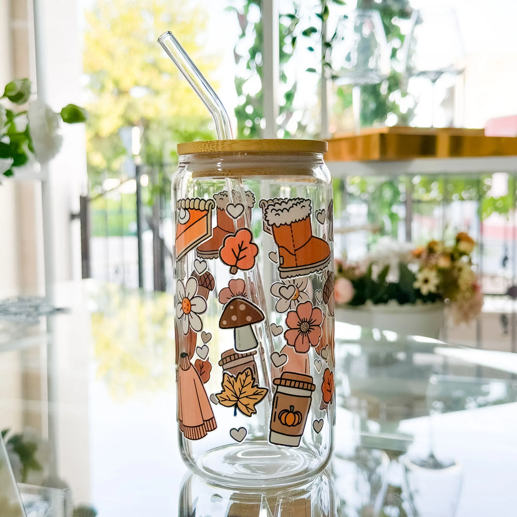 Bicchiere Sundae Autunno – Vetro Borosilicato Decori Autunnali Marrone e Arancio con Tappo e Cannuccia