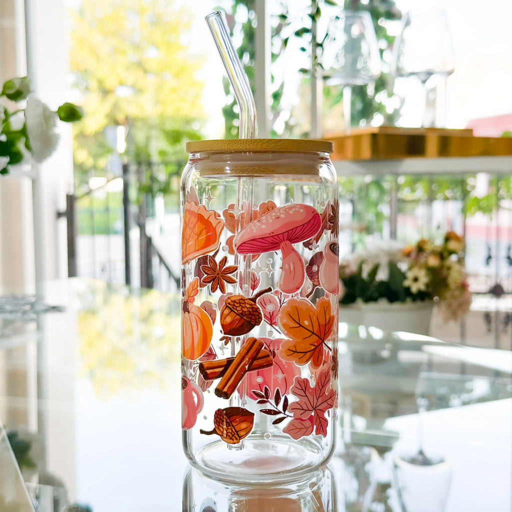 Bicchiere Sandae Autunno Rosa – Vetro Borosilicato con Tappo in Bambù e Cannuccia