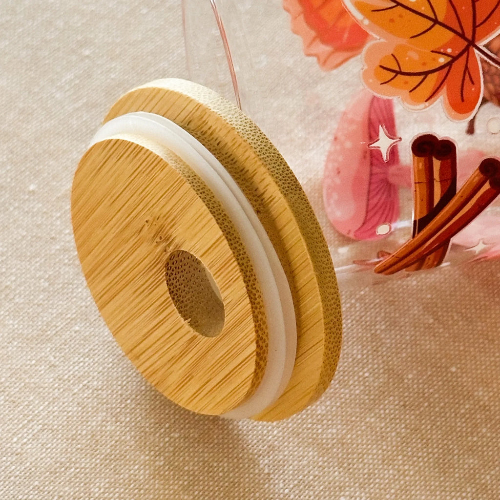 Bicchiere Sandae Autunno Rosa – Vetro Borosilicato con Tappo in Bambù e Cannuccia