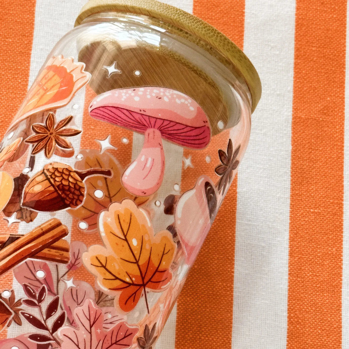 Bicchiere Sandae Autunno Rosa – Vetro Borosilicato con Tappo in Bambù e Cannuccia