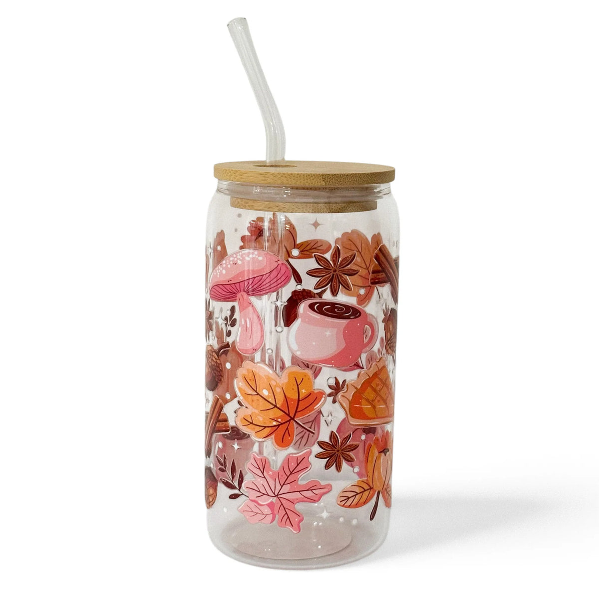 Bicchiere Sandae Autunno Rosa – Vetro Borosilicato con Tappo in Bambù e Cannuccia