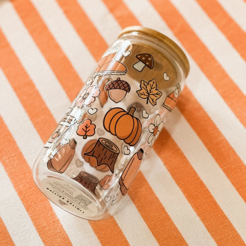Bicchiere Sundae Autunno – Vetro Borosilicato Decori Autunnali Marrone e Arancio con Tappo e Cannuccia