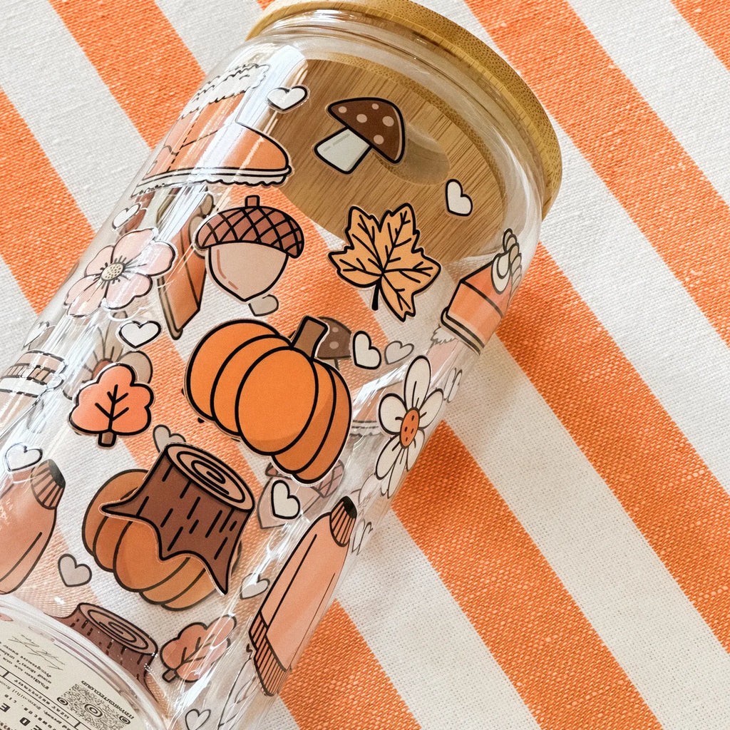Bicchiere Sundae Autunno – Vetro Borosilicato Decori Autunnali Marrone e Arancio con Tappo e Cannuccia