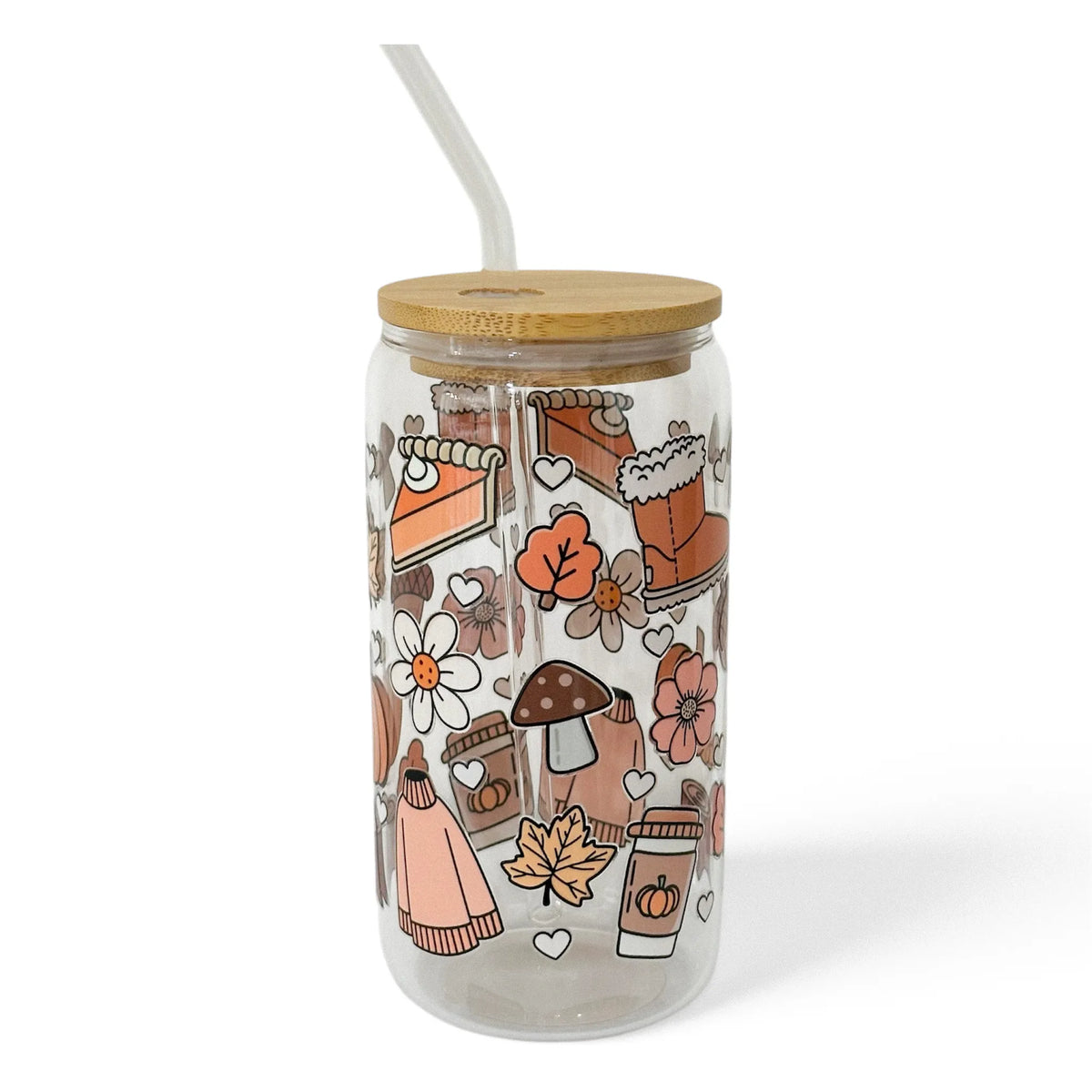 Bicchiere Sundae Autunno – Vetro Borosilicato Decori Autunnali Marrone e Arancio con Tappo e Cannuccia