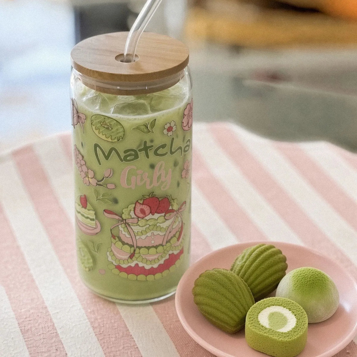 Bicchiere Sandae Matcha Girl – Vetro Borosilicato con Tappo in Bambù e Cannuccia