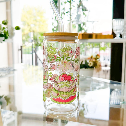 Bicchiere Sandae Matcha Girl – Vetro Borosilicato con Tappo in Bambù e Cannuccia