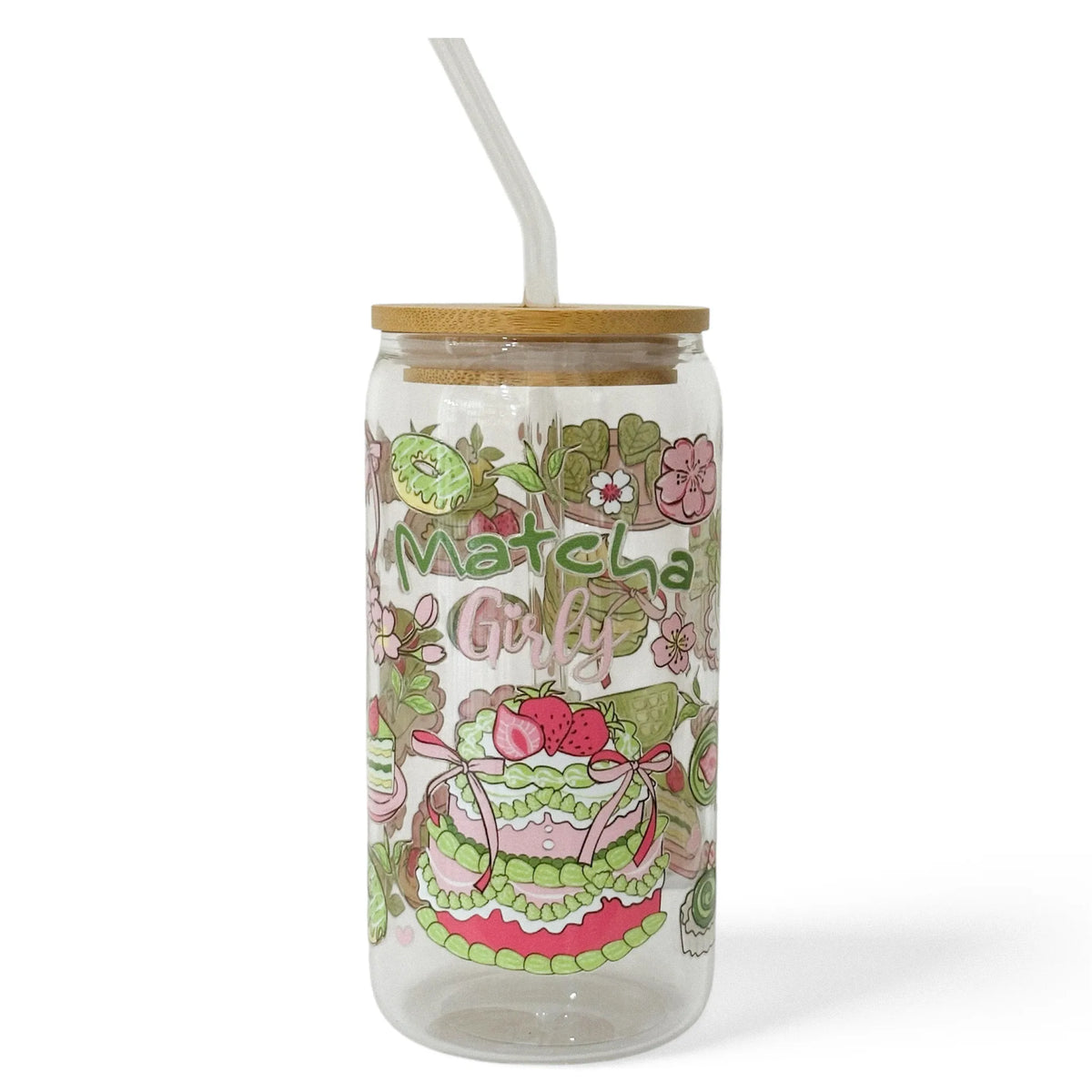Bicchiere Sandae Matcha Girl in vetro borosilicato trasparente con decorazioni kawaii a tema matcha, tappo in bambù e cannuccia in vetro