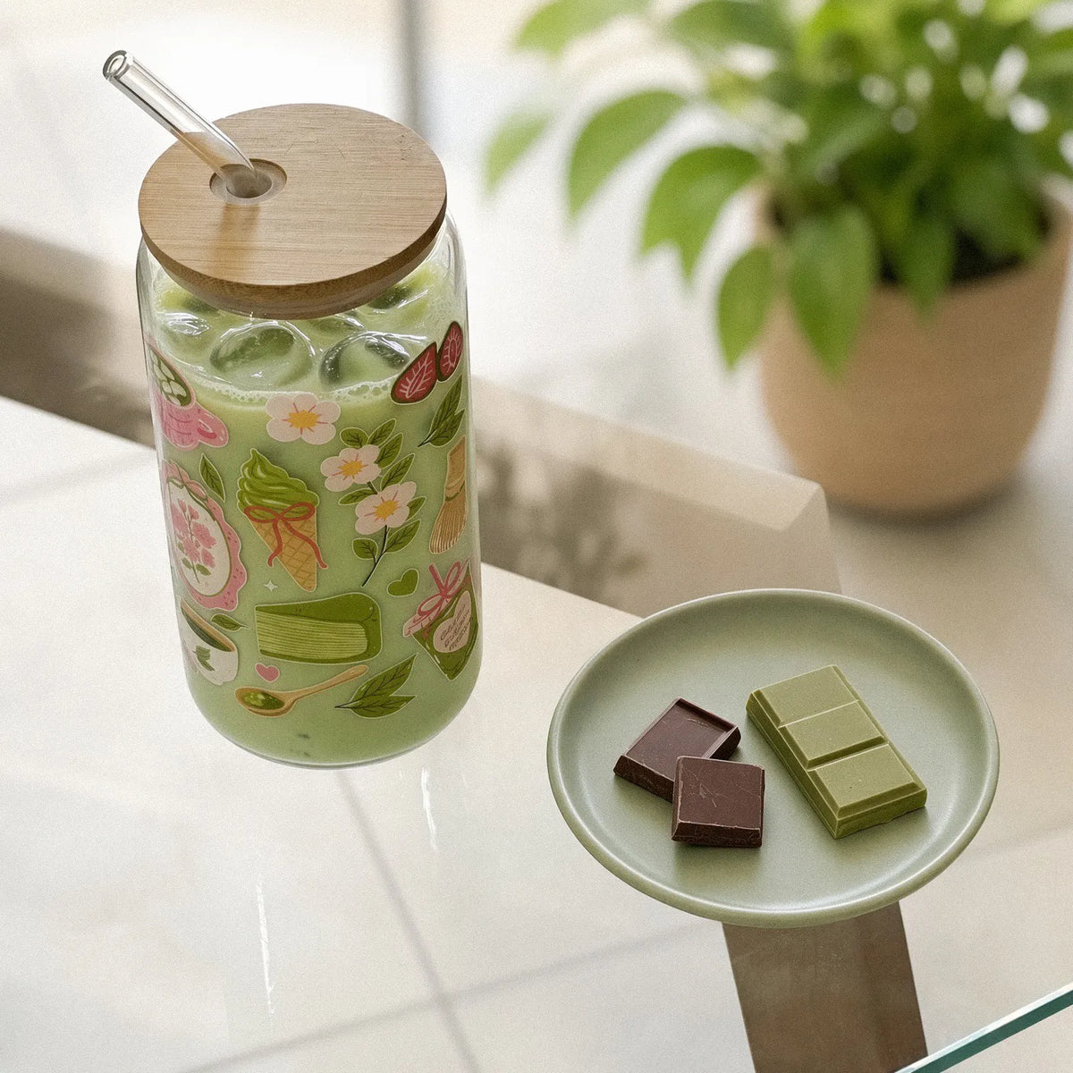 Bicchiere Sandae in Vetro Borosilicato – Decorazione Matcha con Tappo Ermetico e Cannuccia