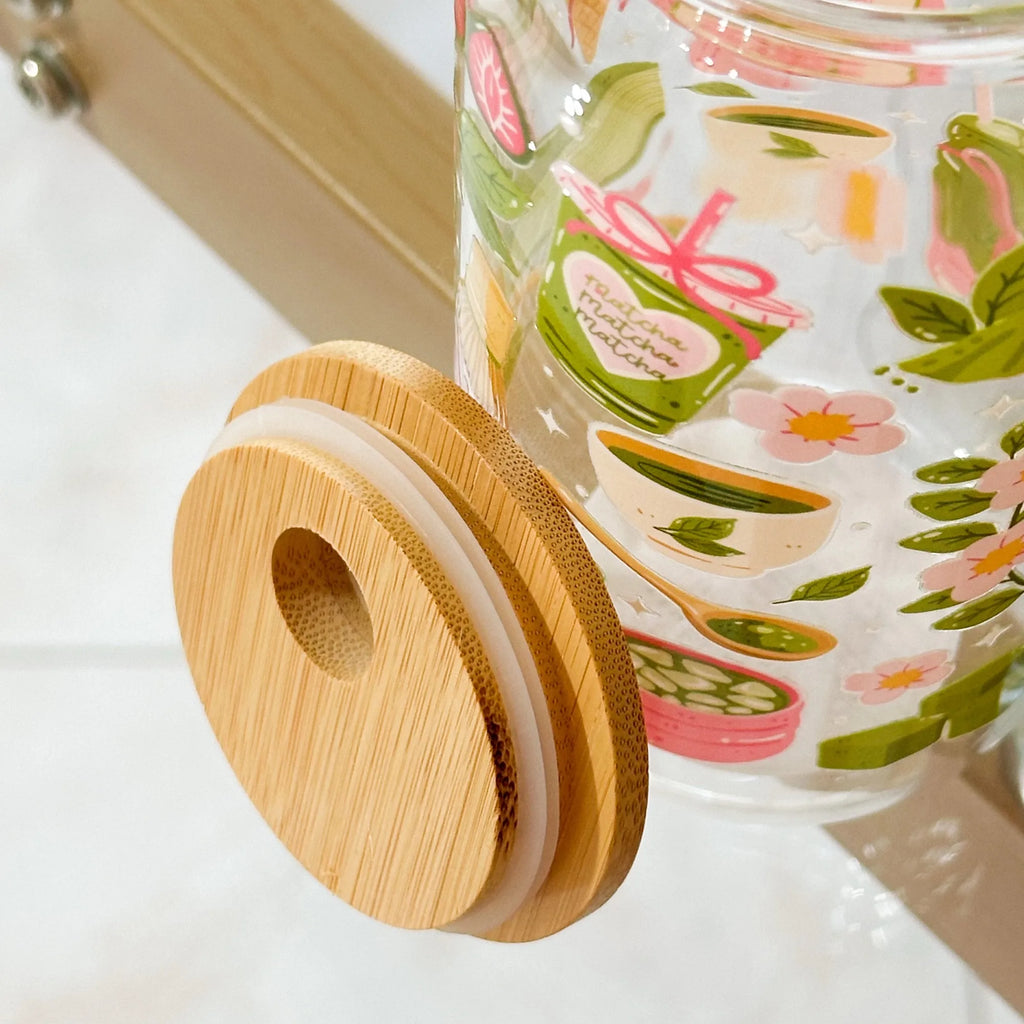 Bicchiere Sandae in Vetro Borosilicato – Decorazione Matcha con Tappo Ermetico e Cannuccia