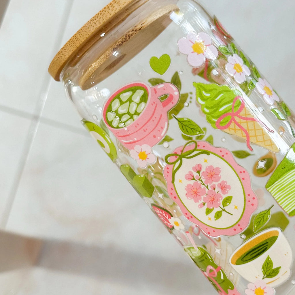 Bicchiere Sandae in Vetro Borosilicato – Decorazione Matcha con Tappo Ermetico e Cannuccia