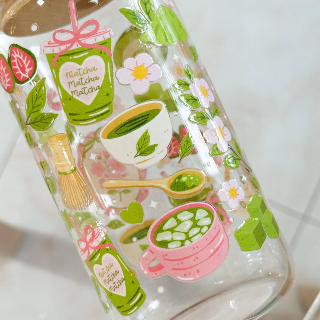 Bicchiere Sandae in Vetro Borosilicato – Decorazione Matcha con Tappo Ermetico e Cannuccia