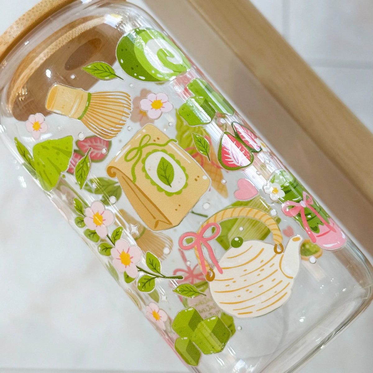 Bicchiere Sandae in Vetro Borosilicato – Decorazione Matcha con Tappo Ermetico e Cannuccia