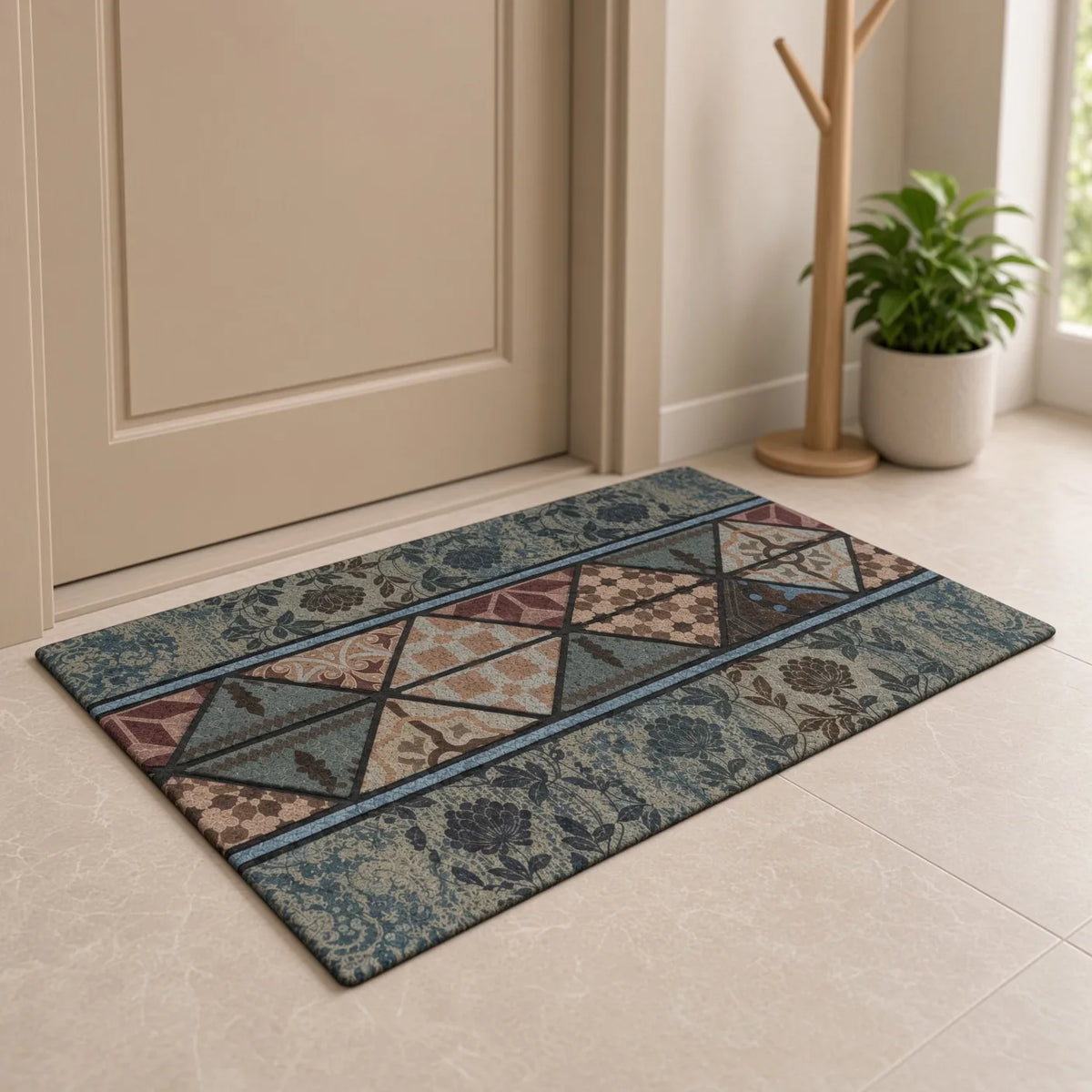 Zerbino Essential in feltro con decoro geometrico e floreale nei toni verde salvia, blu, terracotta e beige