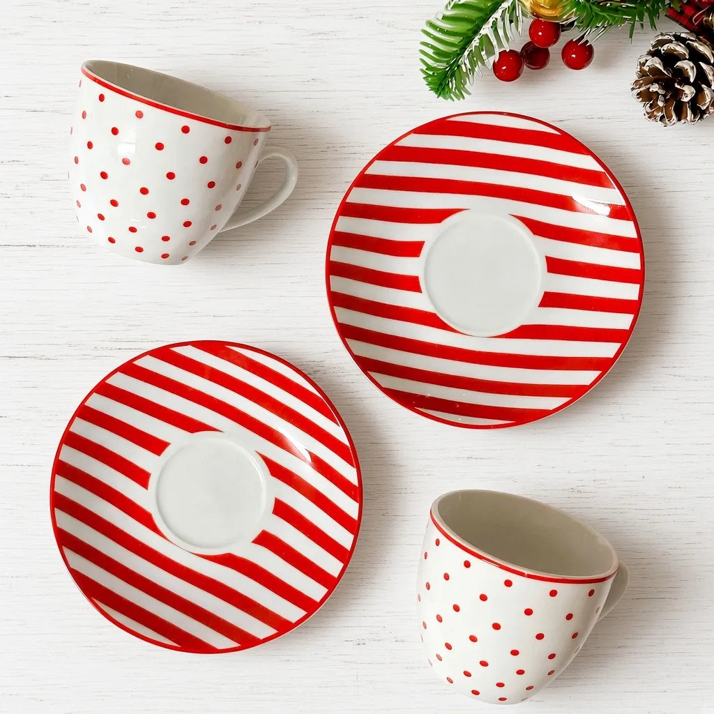 Set tazze Noelle in ceramica a pois rossi con piattini e scatola regalo