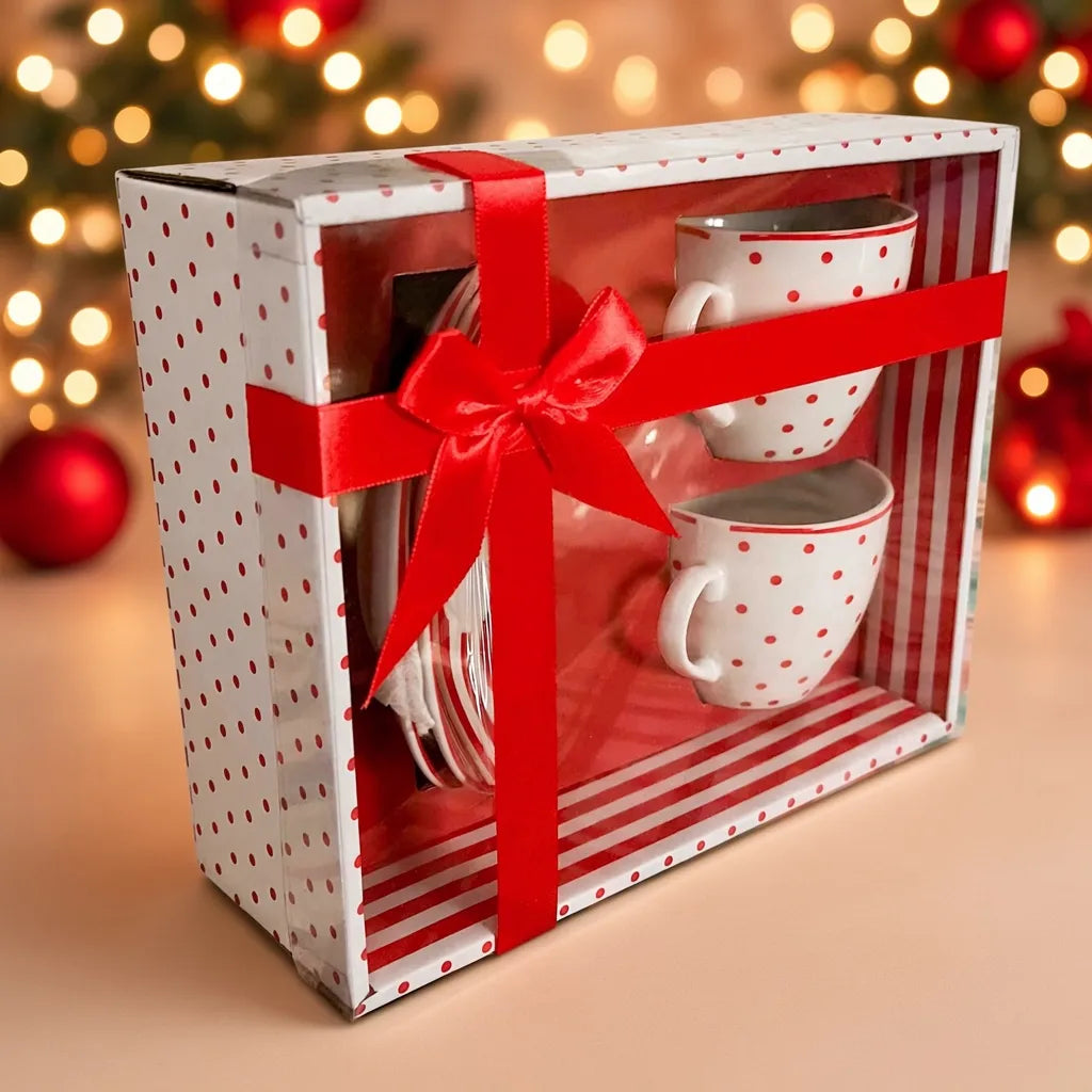 Set tazze Noelle in ceramica a pois rossi con piattini e scatola regalo