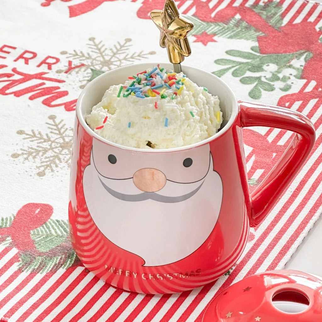 Tazza natalizia in ceramica rossa con coperchio e cucchiaino