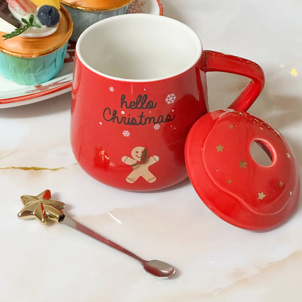 Tazza natalizia in ceramica rossa con coperchio e cucchiaino