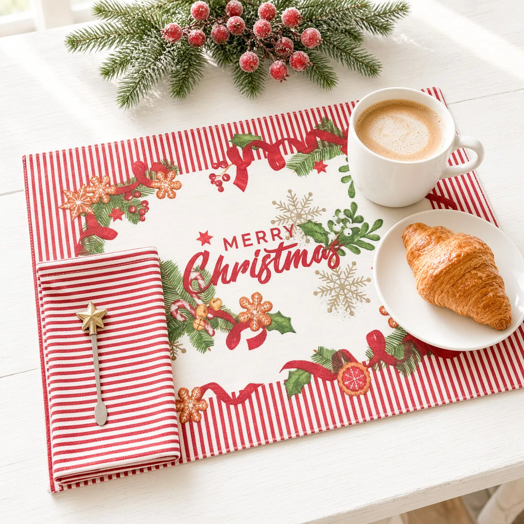 Tovaglietta natalizia in cotone a righe rosse con fiocchi, vischio e scritta Merry Christmas, apparecchiata per colazione