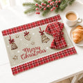 Tovaglietta natalizia in cotone con bordi tartan rossi, passamaneria bianca e scritta Merry Christmas, con tovagliolo coordinato